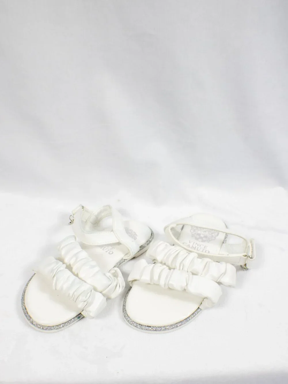 Vince Camuto Toddler Girls White Ruched Double Strap Glitter Sandals 9